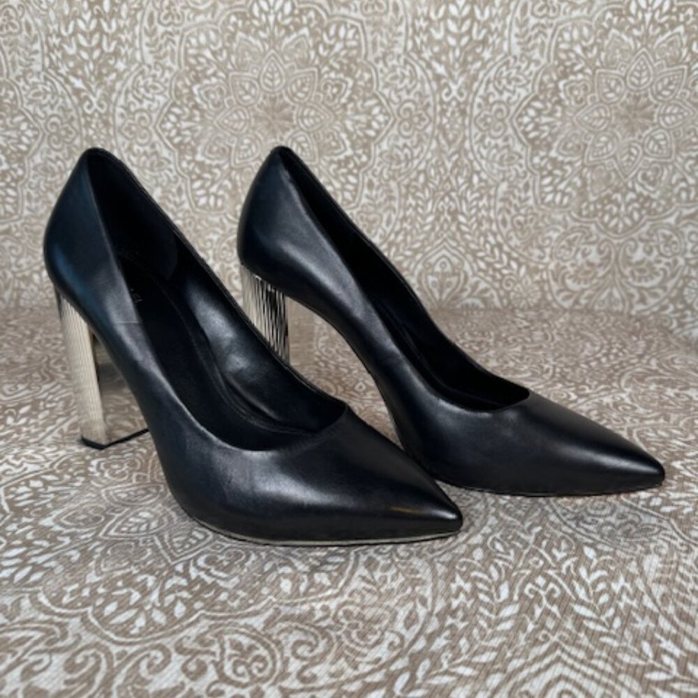 MICHAEL Michael Kors Black Pointed Leather Pumps with Silver Block Heels